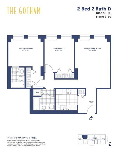Floor plan for 2 beds, 2 baths, 1003 sqft